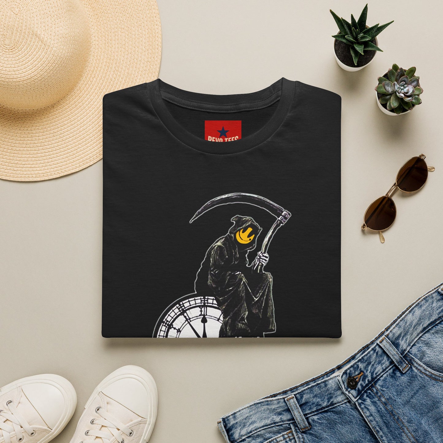 Banksy T‑Shirt — Grim Reaper Clock Graphic Tee (Smiley Mask)
