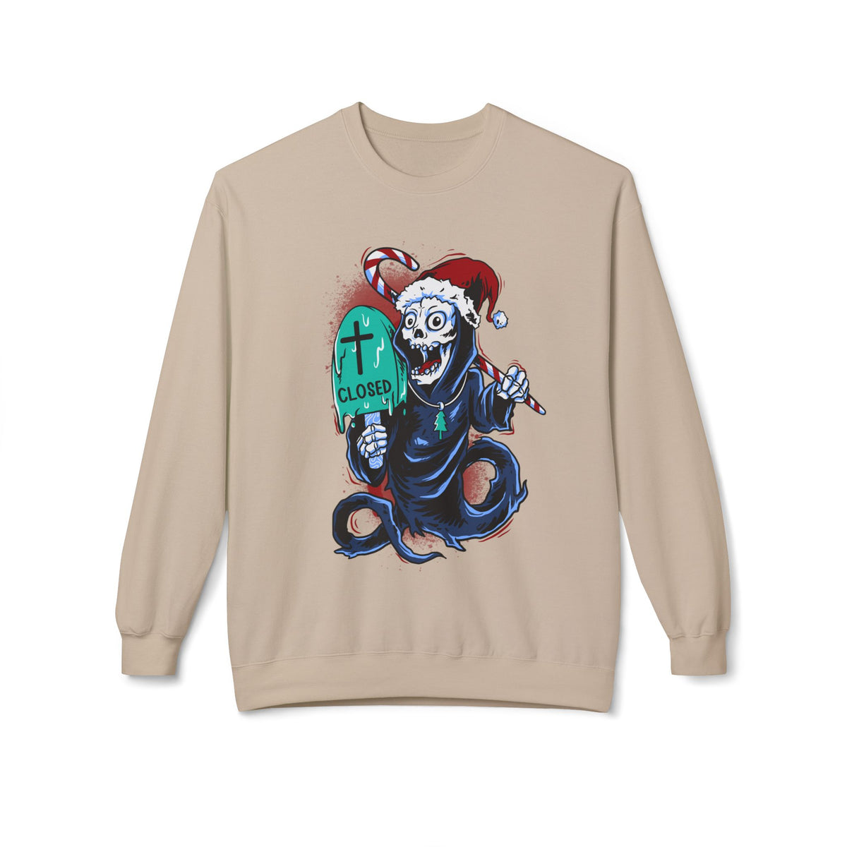 Christmas Reaper — 'Closed' Tombstone Holiday Horror Design Crewneck Sweatshirt