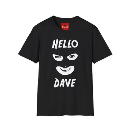 Hello Dave T-Shirt — Black Graphic Tee with Eyes & Smile