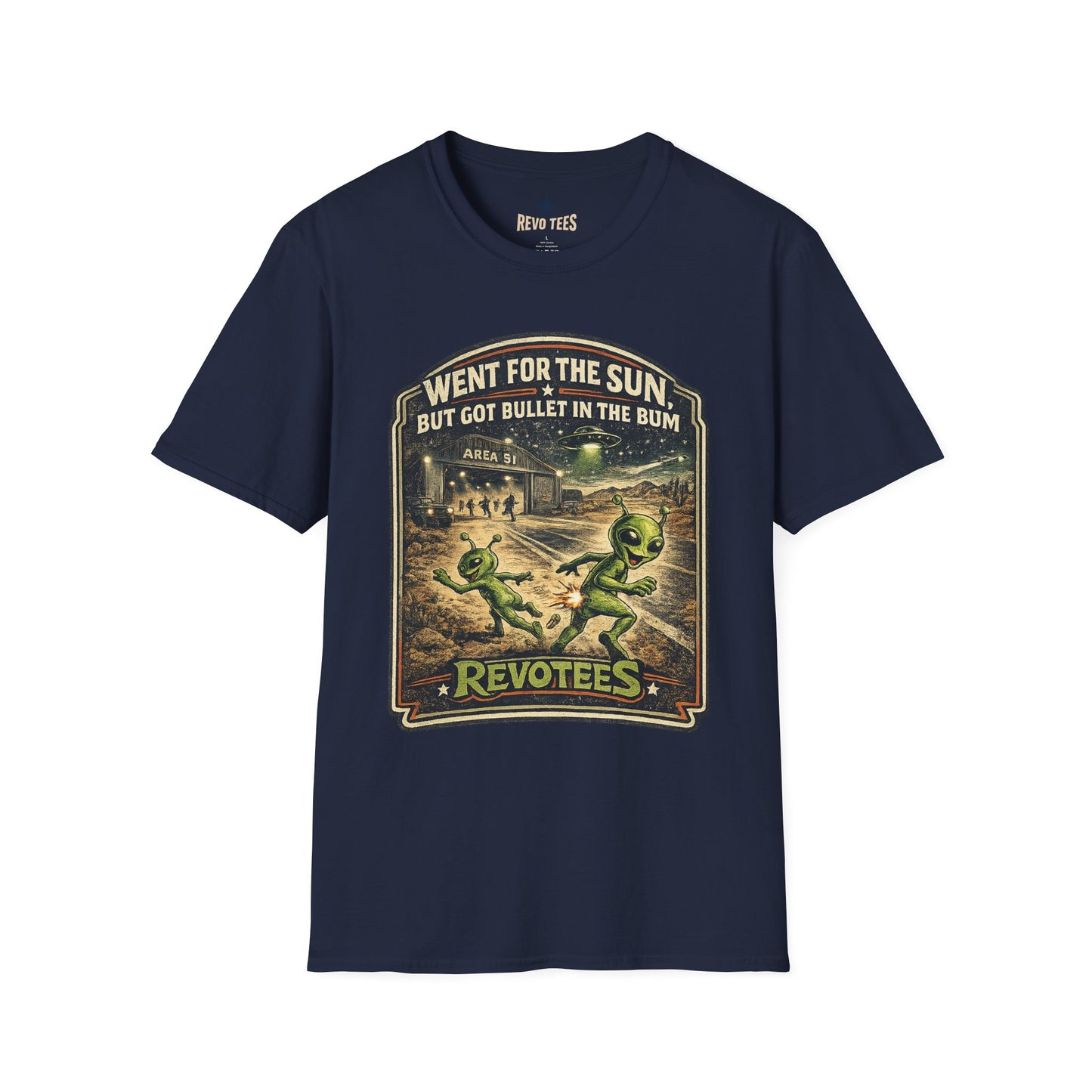 REVOTEES Alien Roadtrip Graphic Tee — "Went For The Sun But Got Bullet In The Bum"