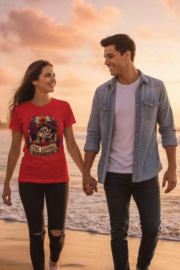 The Lovers Tarot Skull Tee — Romantic Day of the Dead Graphic Shirt