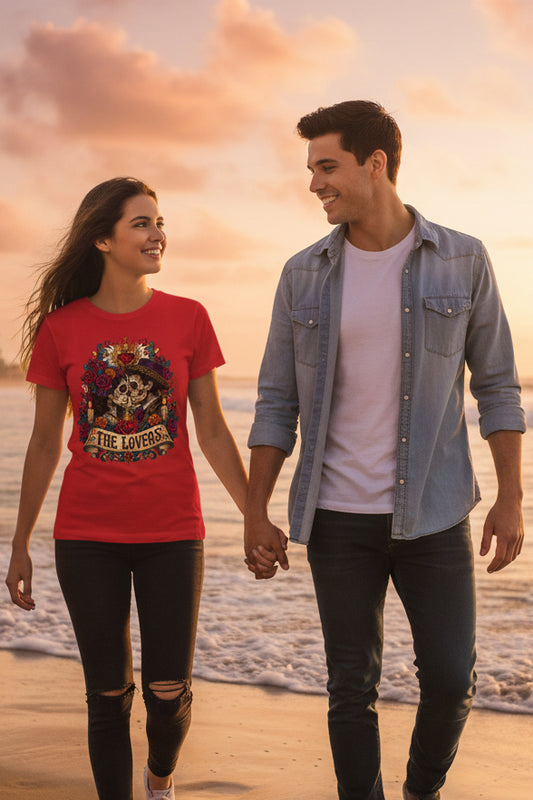 The Lovers Tarot Skull Tee — Romantic Day of the Dead Graphic Shirt