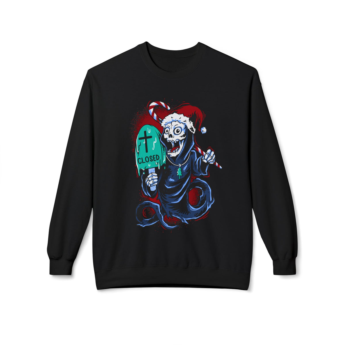 Christmas Reaper — 'Closed' Tombstone Holiday Horror Design Crewneck Sweatshirt