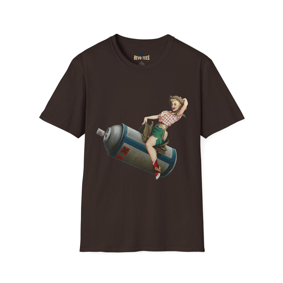 Revotees Banksy Pin Up Cowgirl Retro Pinup Girl Riding Soda Can Vintage T-Shirt - alternate view 4