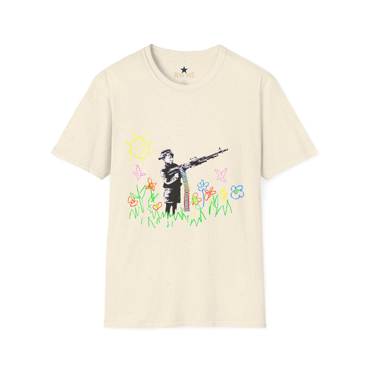Revotees Banksy Style Soldier with Childlike Doodle Flowers T-Shirt - alternate view 4
