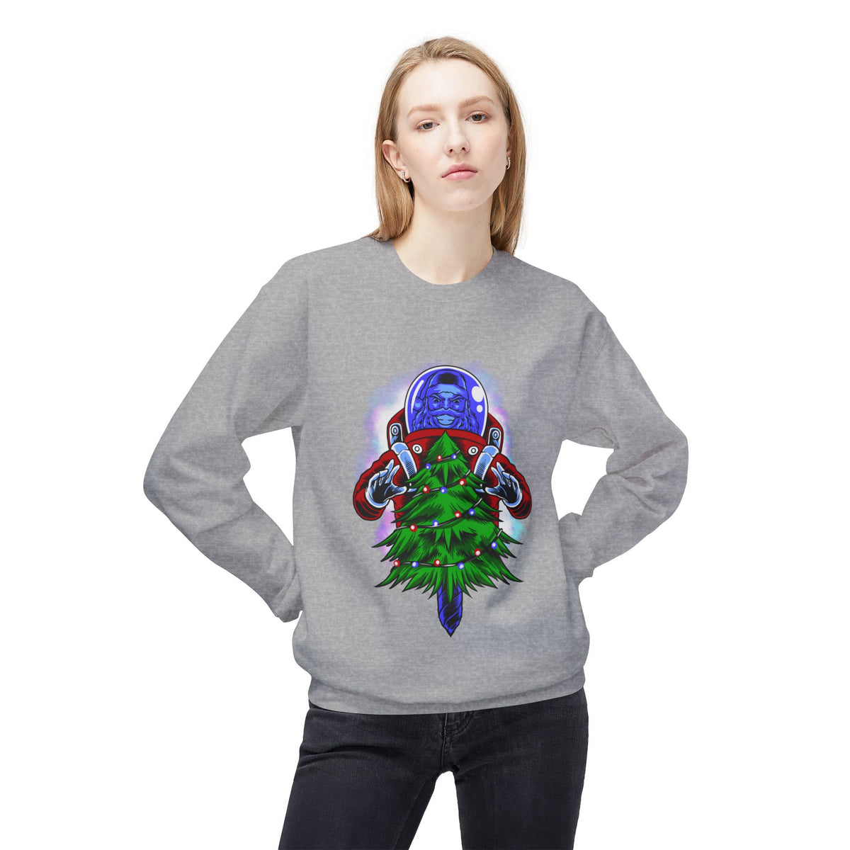 Astronaut Santa Pouncing on a Christmas Tree Crewneck Sweatshirt