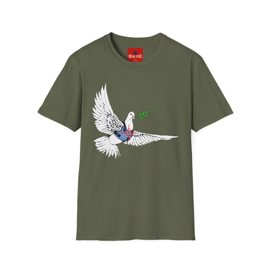 Banksy's Dove of Peace T‑Shirt — Flying Dove with Olive Branch & Earth Heart Graphic