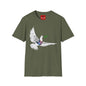 Banksy's Dove of Peace T‑Shirt — Flying Dove with Olive Branch & Earth Heart Graphic