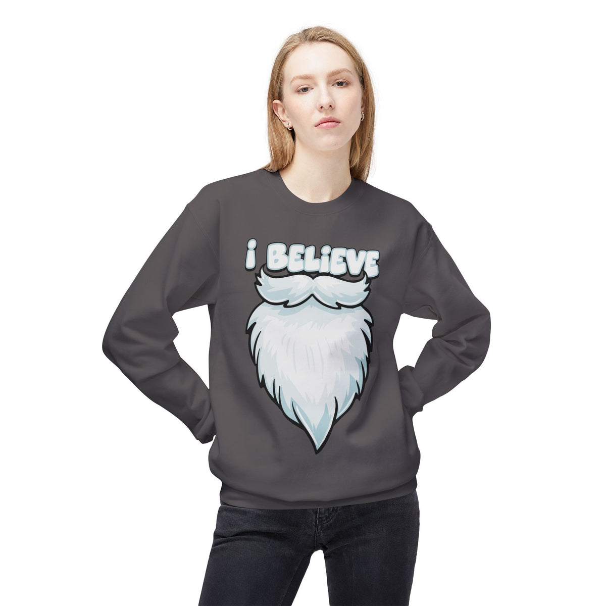 "I Believe" Santa Beard Holiday Crewneck Sweatshirt