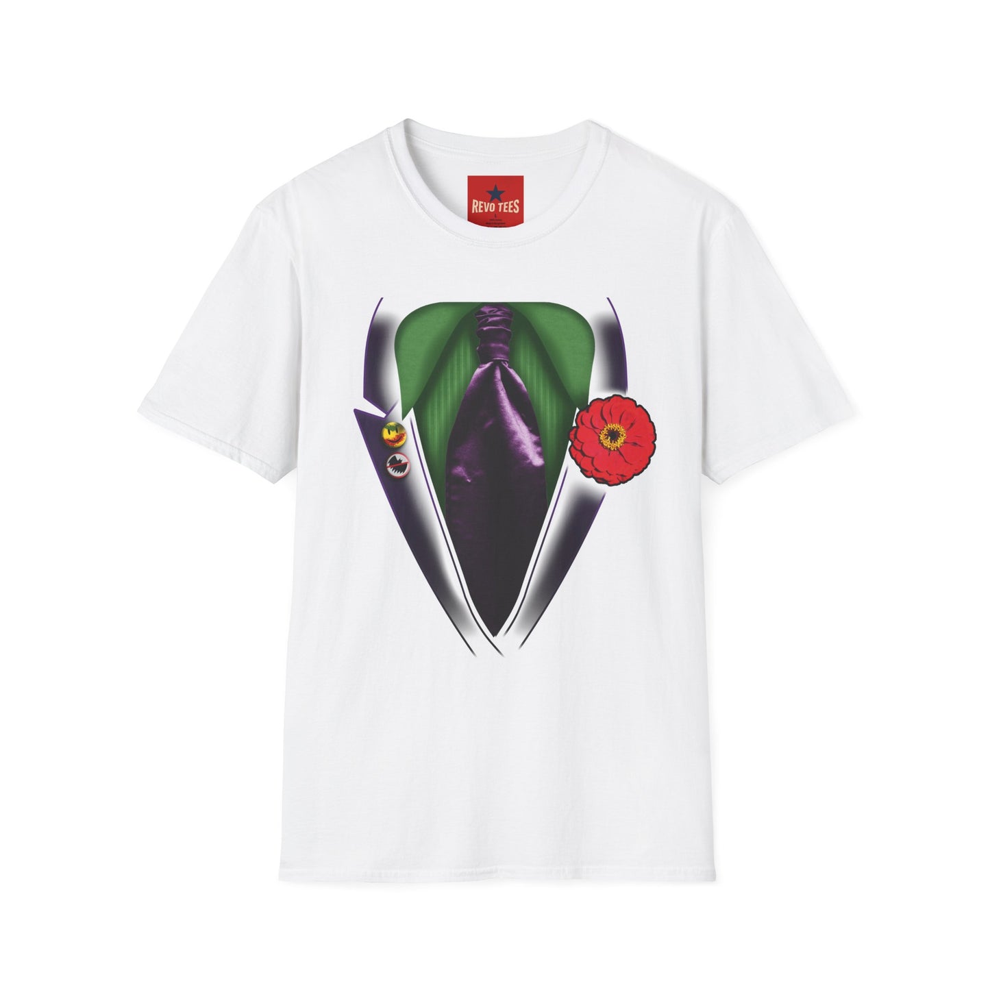 Joker Suit T‑Shirt — Green Vest, Purple Tie & Poppy Graphic Tee