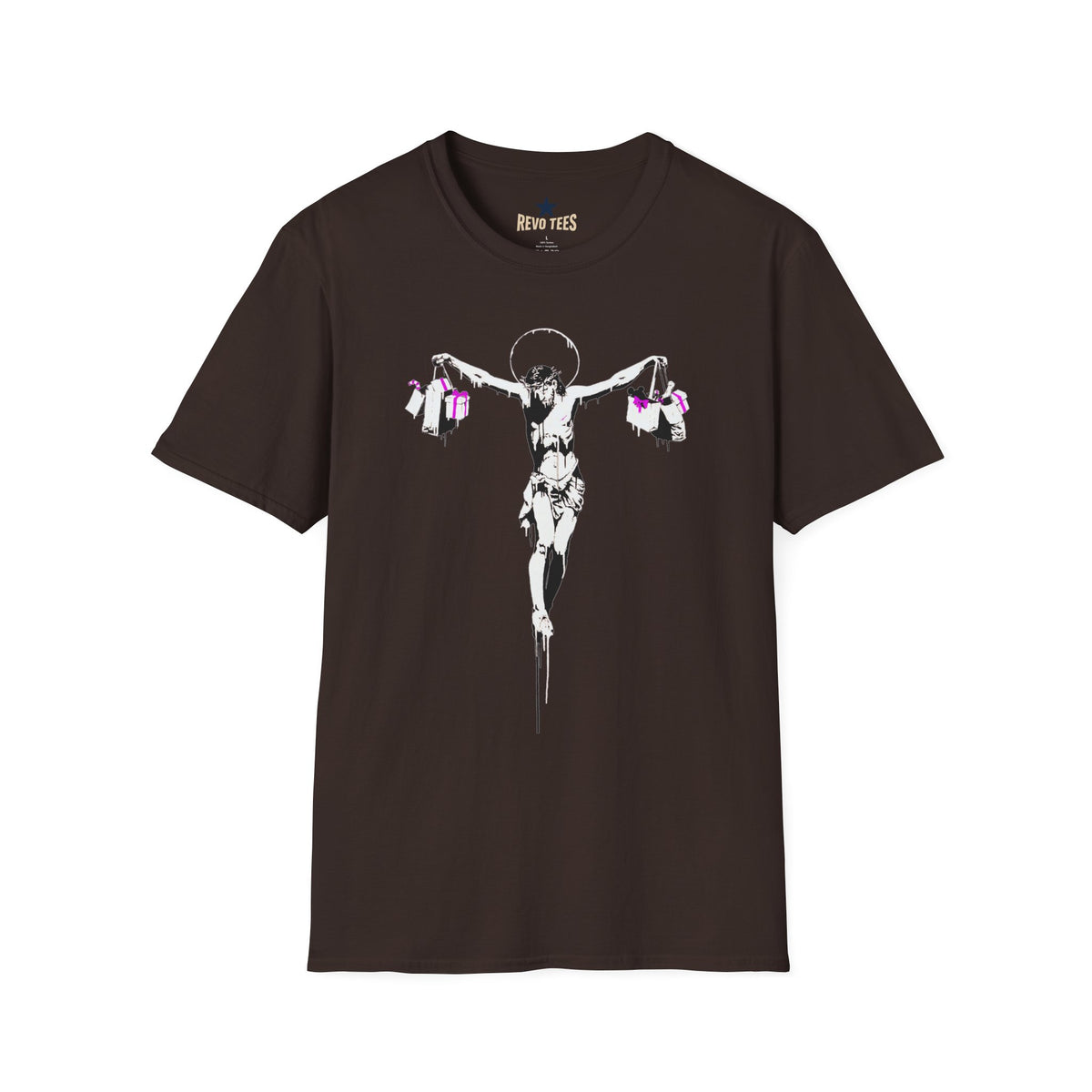 Revotees Banksy Crucifixion Balance Stenciled Jesus Holding Gift Bags Graphic T-Shirt - alternate view 4