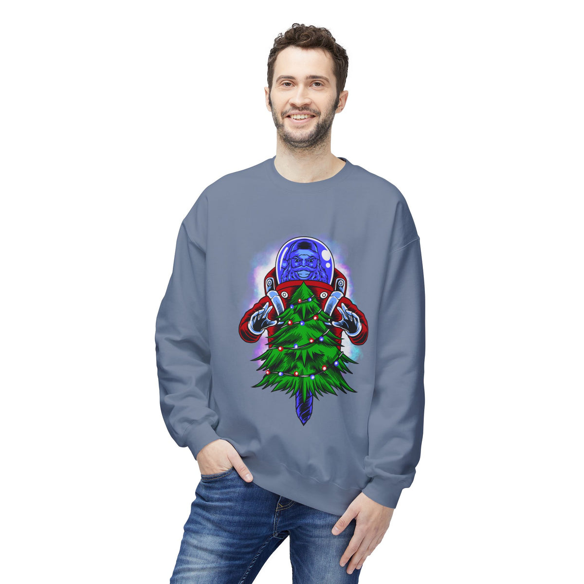 Astronaut Santa Pouncing on a Christmas Tree Crewneck Sweatshirt