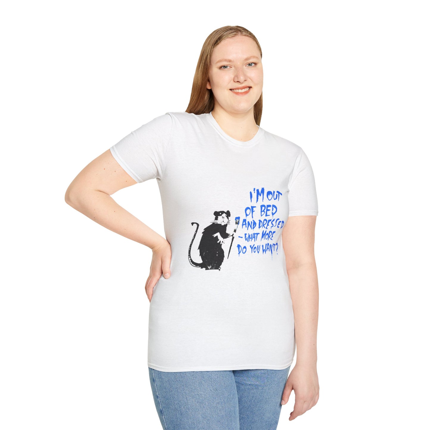Banksy T-Shirt — 'I’m Out of Bed and Dressed, What More Do You Want?' Rat Graphic Tee