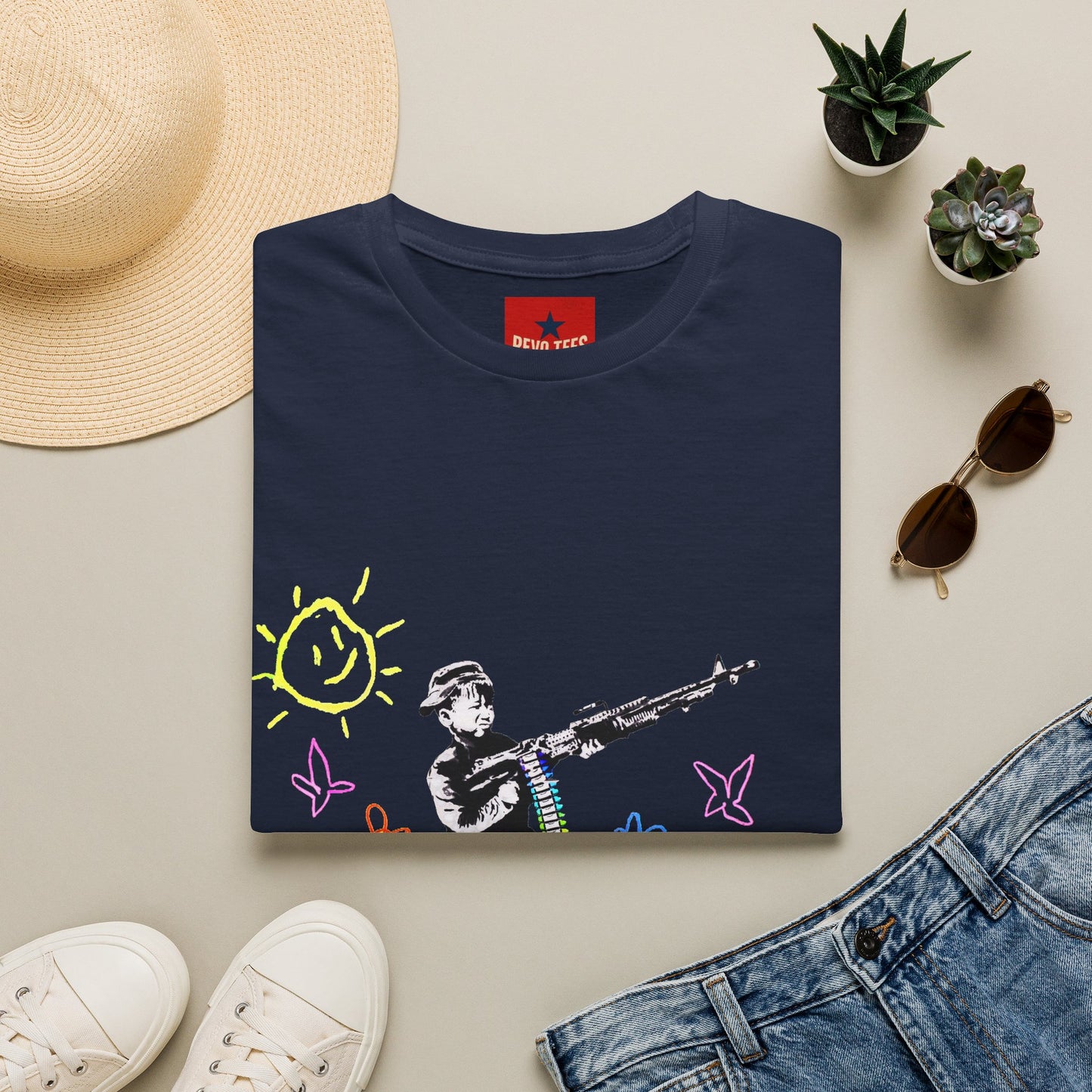 T-Shirt — Banksy Style Soldier with Childlike Doodle Flowers