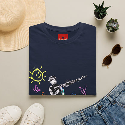 T-Shirt — Banksy Style Soldier with Childlike Doodle Flowers