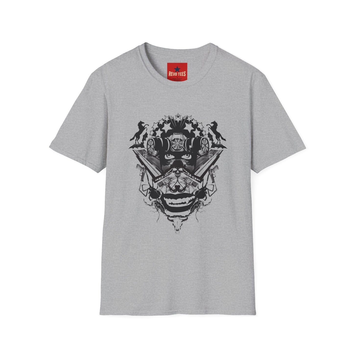 Skull Crown Graphic T-Shirt — Gothic Cat & Mask Illustration
