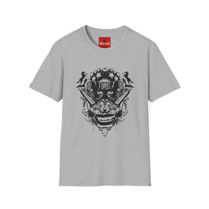 Skull Crown Graphic T-Shirt — Gothic Cat & Mask Illustration