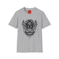 Skull Crown Graphic T-Shirt — Gothic Cat & Mask Illustration