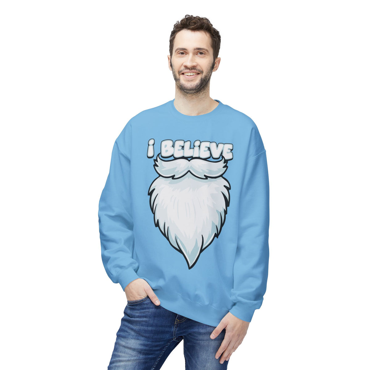 "I Believe" Santa Beard Holiday Crewneck Sweatshirt
