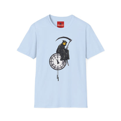 Banksy T‑Shirt — Grim Reaper Clock Graphic Tee (Smiley Mask)