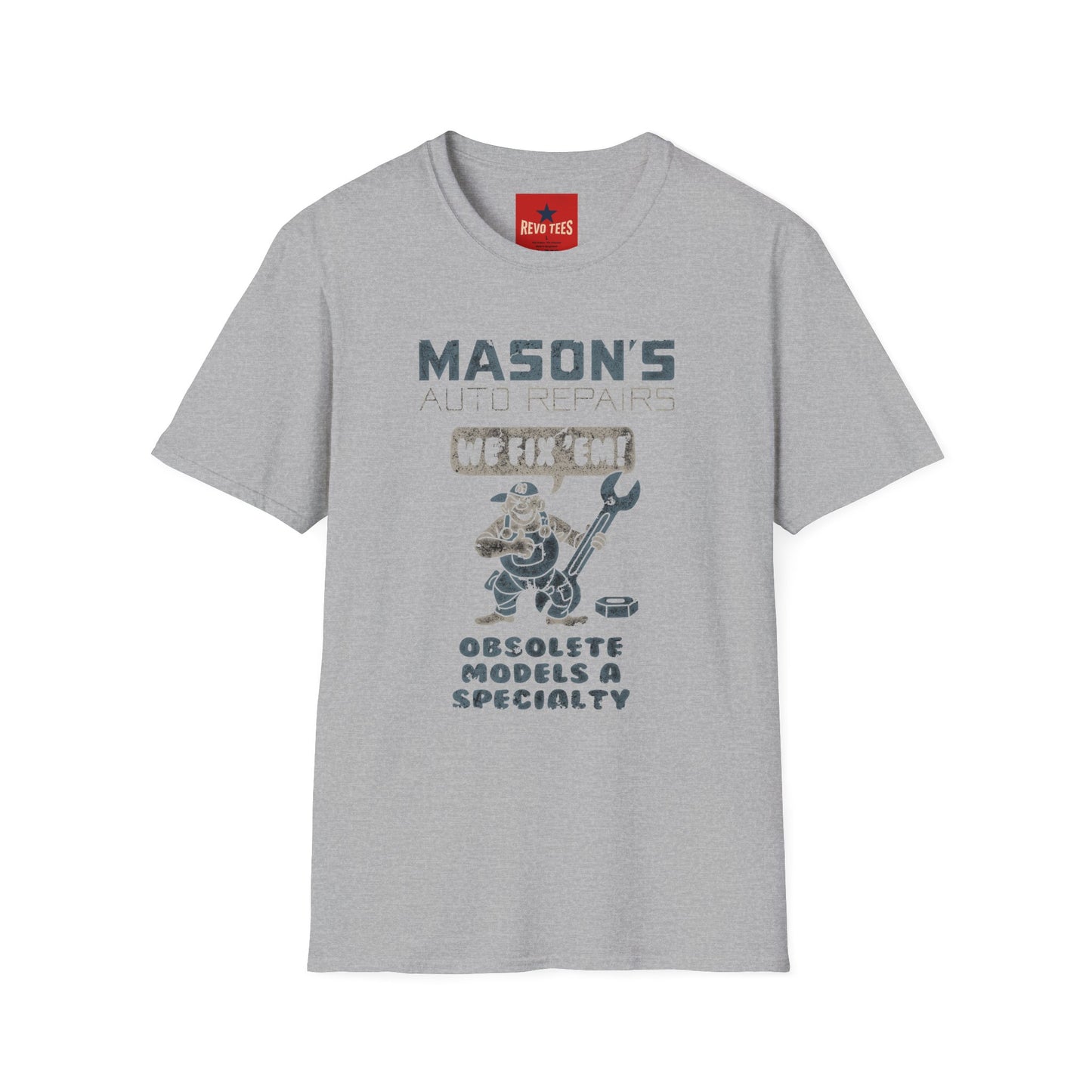 Mechanic Shop T‑Shirt — "Mason's Auto Repairs: We Fix 'Em" Vintage Garage Tee