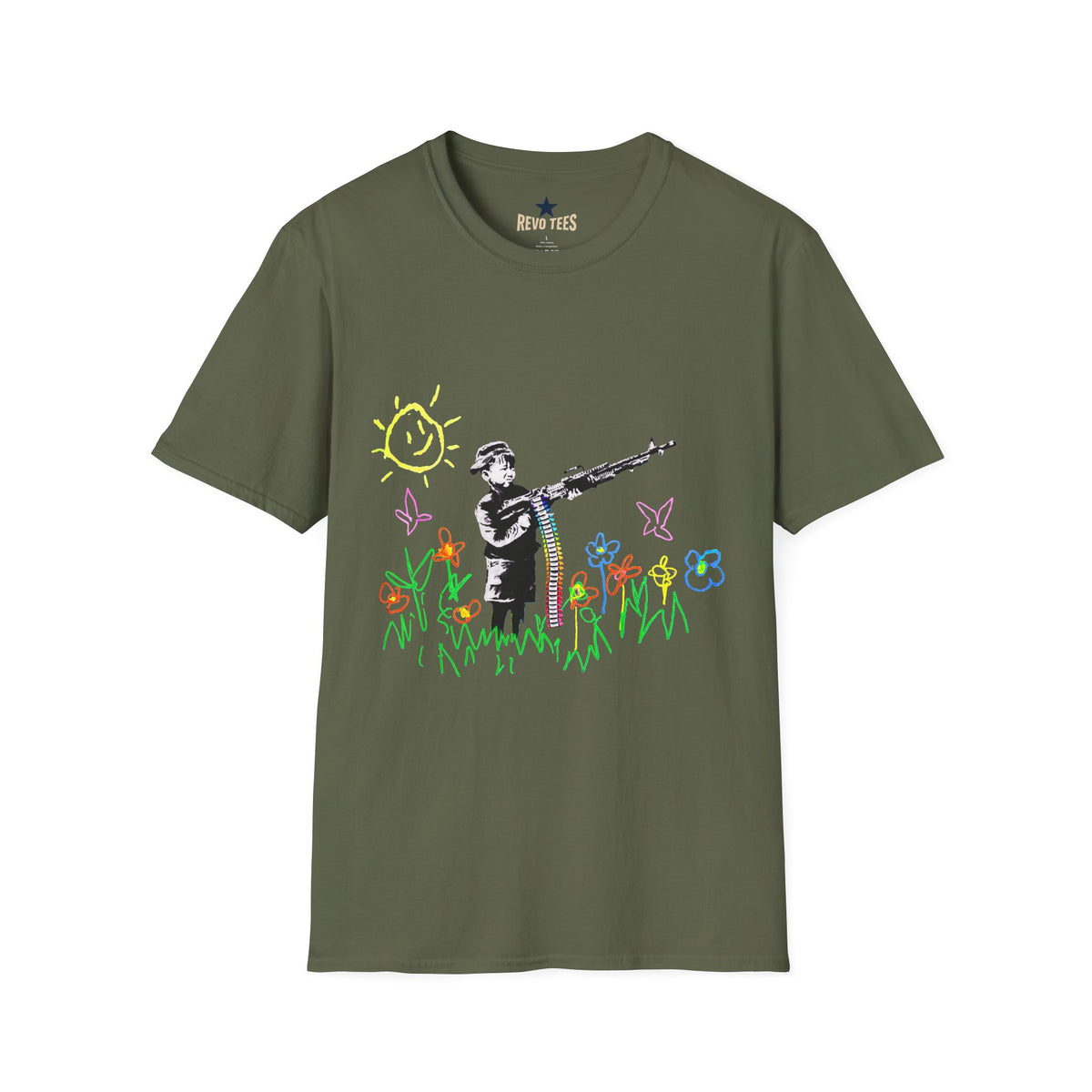 Revotees Banksy Style Soldier with Childlike Doodle Flowers T-Shirt - alternate view 5