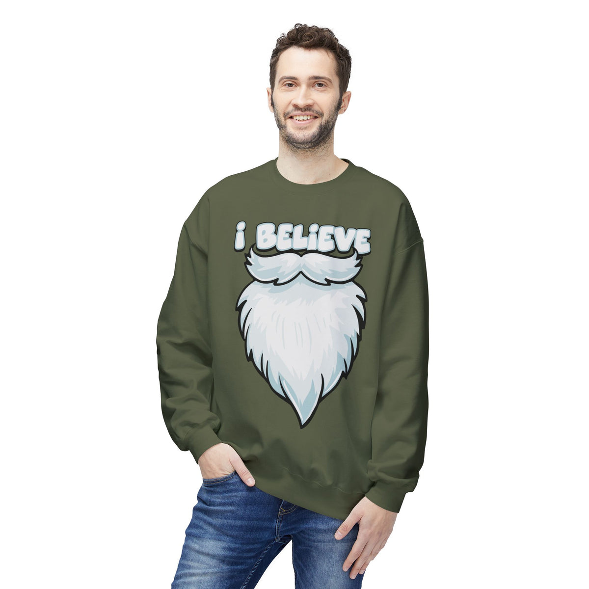 "I Believe" Santa Beard Holiday Crewneck Sweatshirt