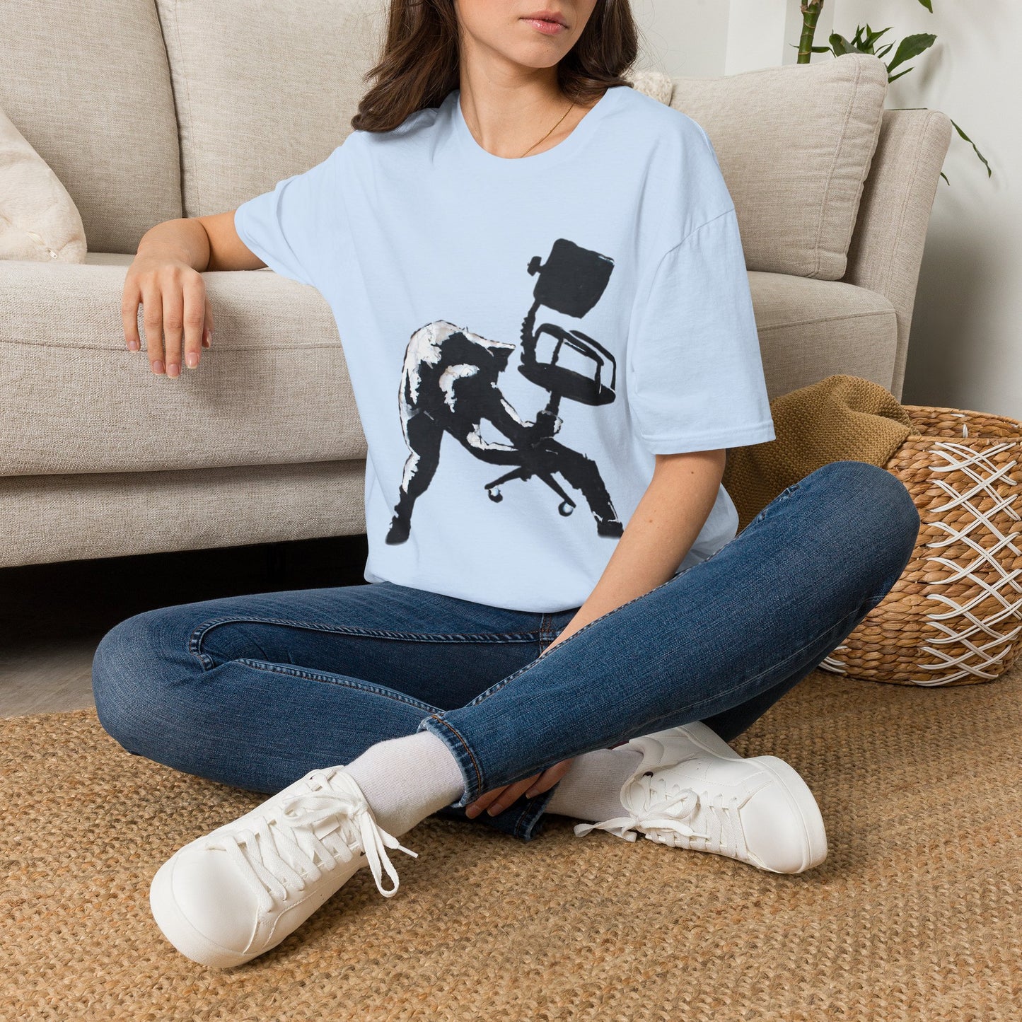 Banksy T-Shirt — Black Cat Tossing Office Chair Graphic Tee