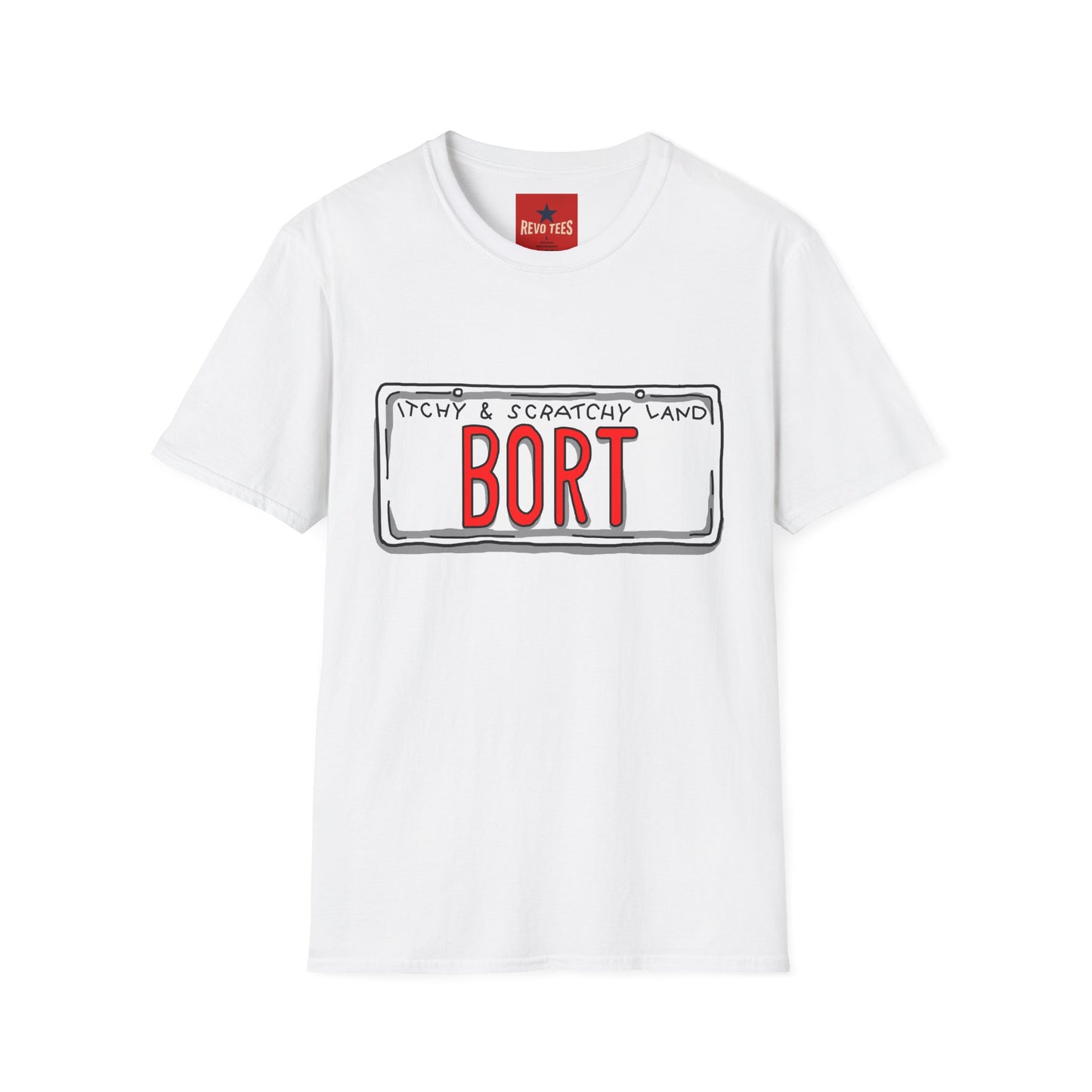BORT License Plate T‑Shirt — 'Itchy & Scratchy Land' Retro TV Fan Tee