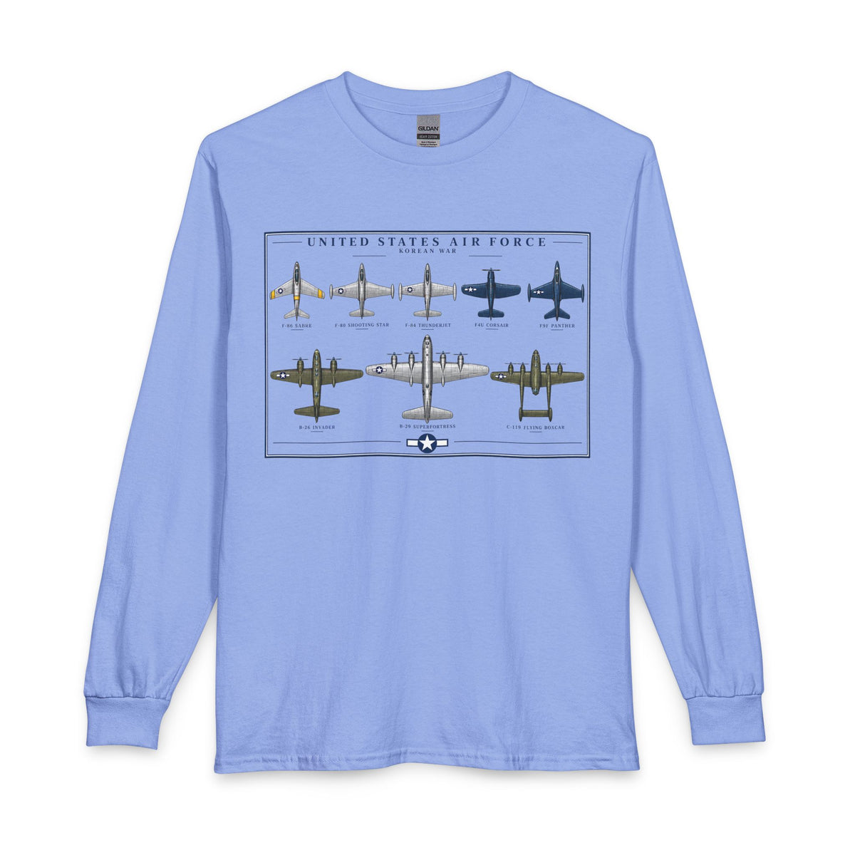 A light blue long-sleeve crewneck t-shirt featuring a vintage-style graphic print of United States Air Force aircraft on the front, displayed against a solid white background.