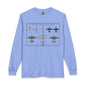 A light blue long-sleeve crewneck t-shirt featuring a vintage-style graphic print of United States Air Force aircraft on the front, displayed against a solid white background.