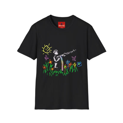 T-Shirt — Banksy Style Soldier with Childlike Doodle Flowers