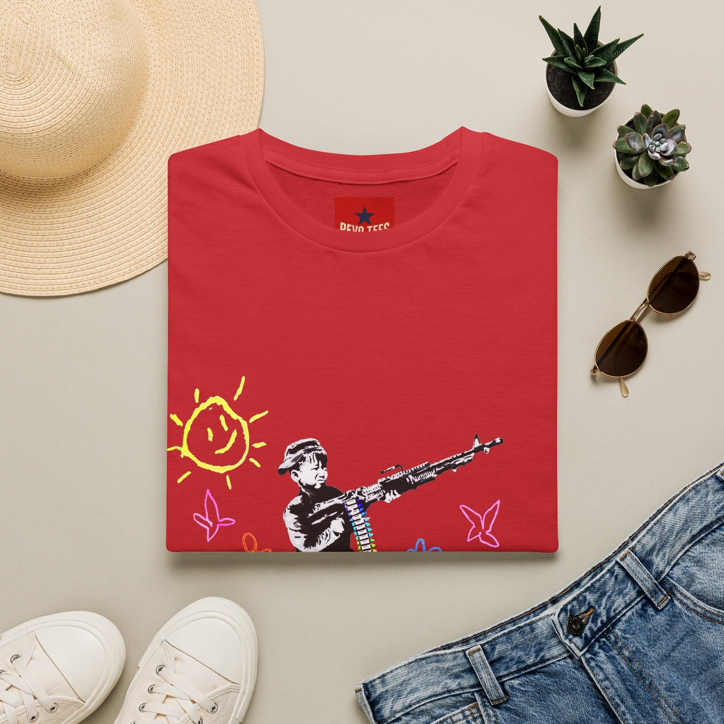 T-Shirt — Banksy Style Soldier with Childlike Doodle Flowers