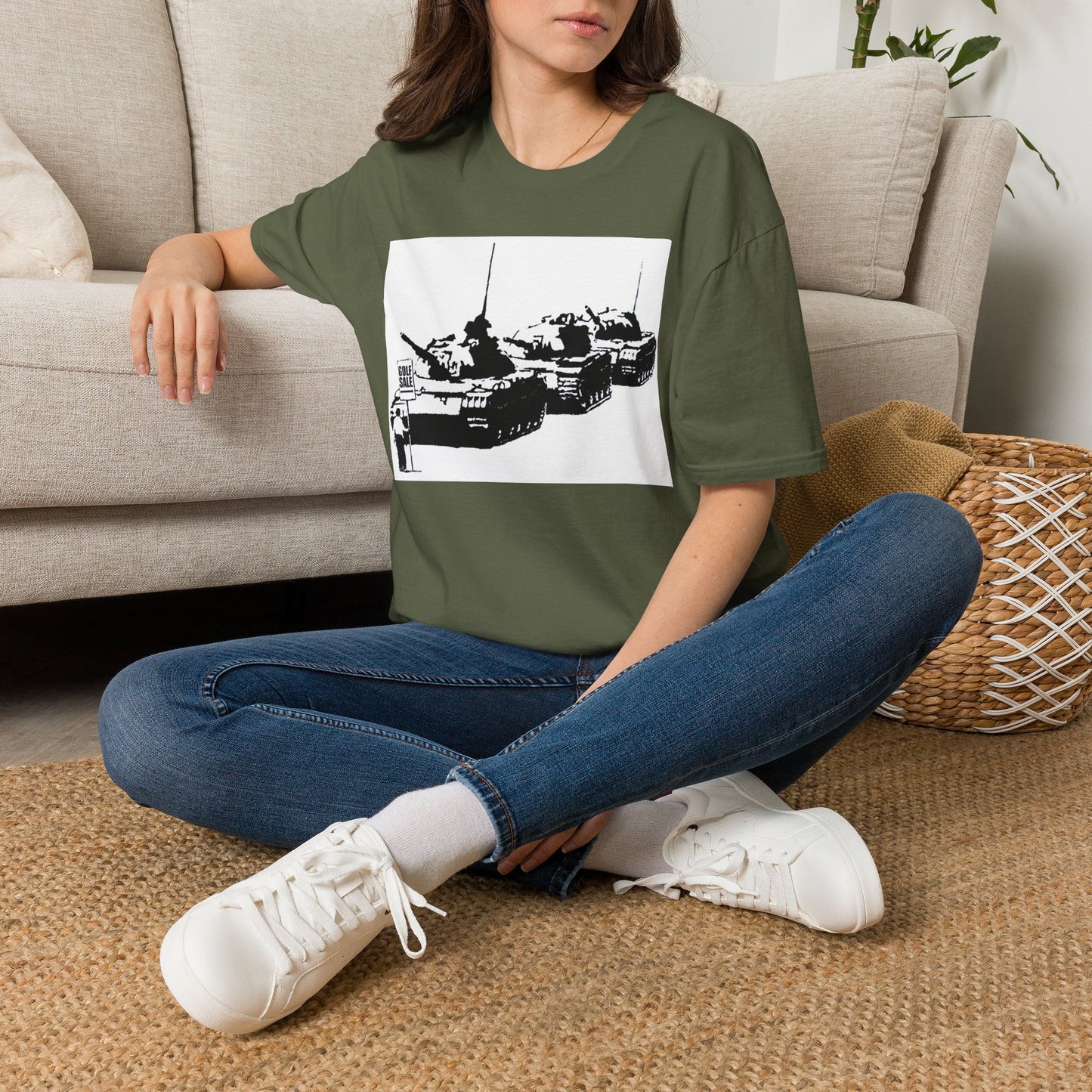 Banksy Tank Lineup Graphic T-Shirt — Stencil Military Tanks Design