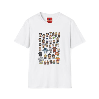 Cute Chibi Characters Crewneck T‑Shirt — Cartoon Character Grid Tee