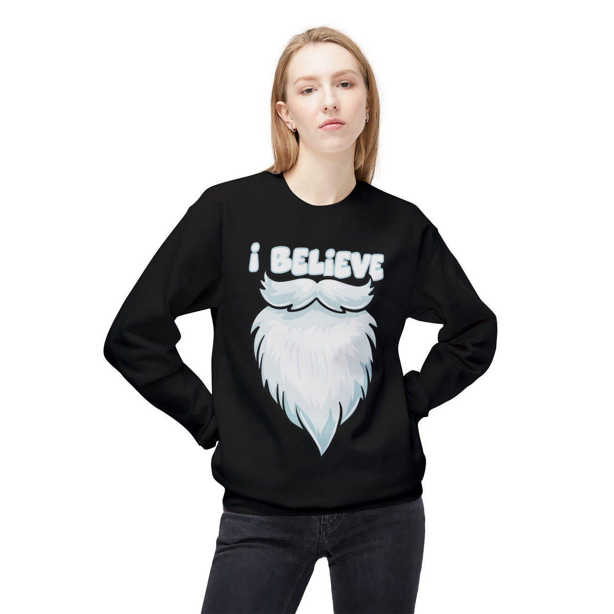 "I Believe" Santa Beard Holiday Crewneck Sweatshirt