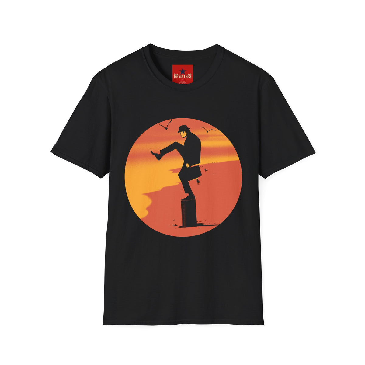 Revotees Sunset Silhouette Kicking Man Retro Beach Graphic T-Shirt - alternate view 3
