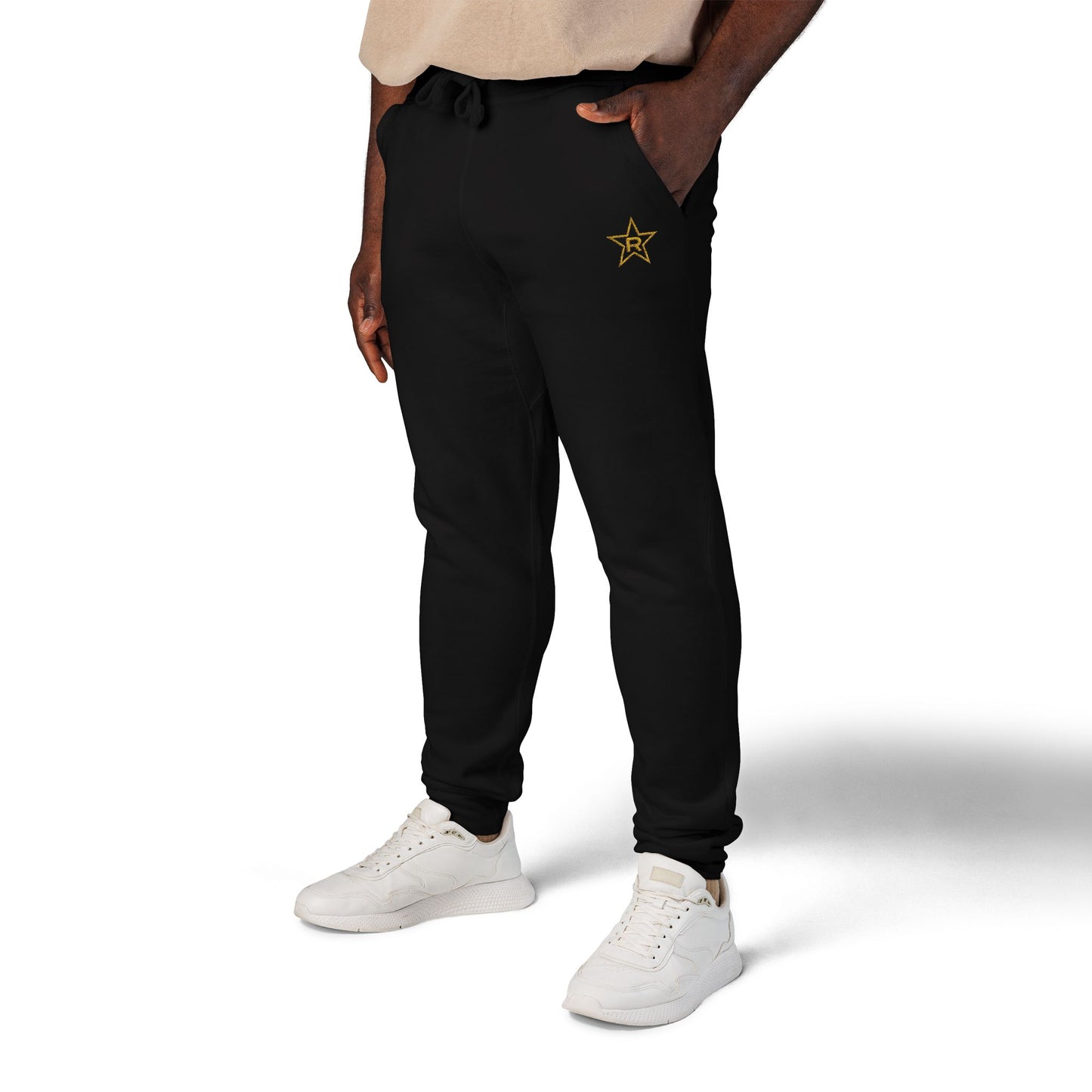 REVOTEES Embroidered 'R' Star Joggers – Black Fleece Sweatpants