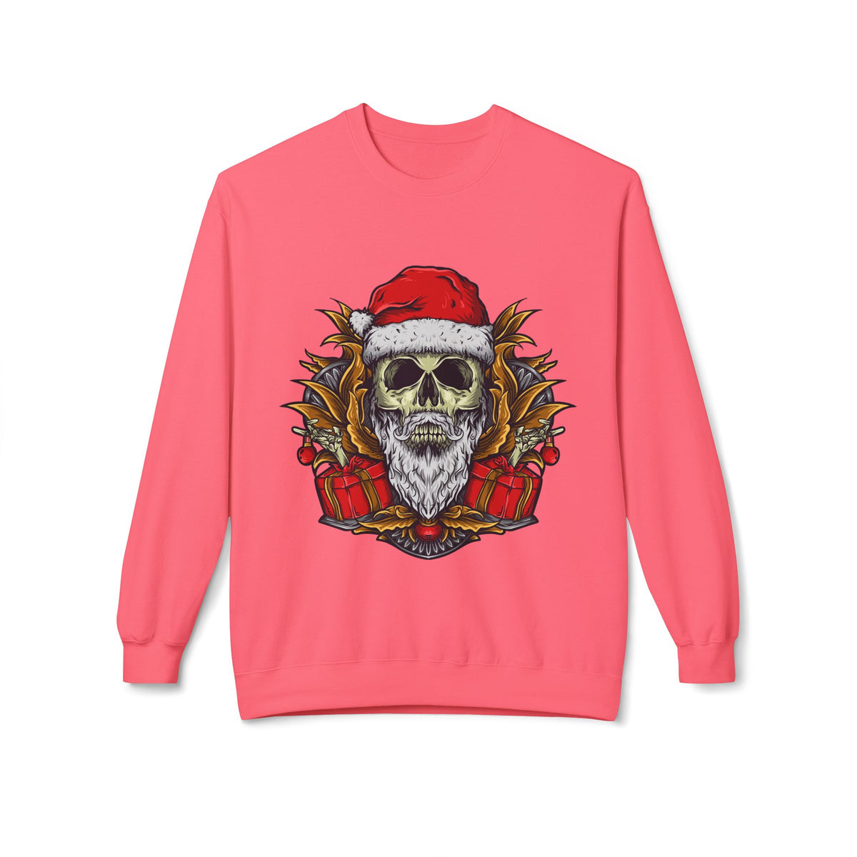 Skull Santa — Edgy Christmas Skull with Santa Hat and Gifts Crewneck Sweatshirt