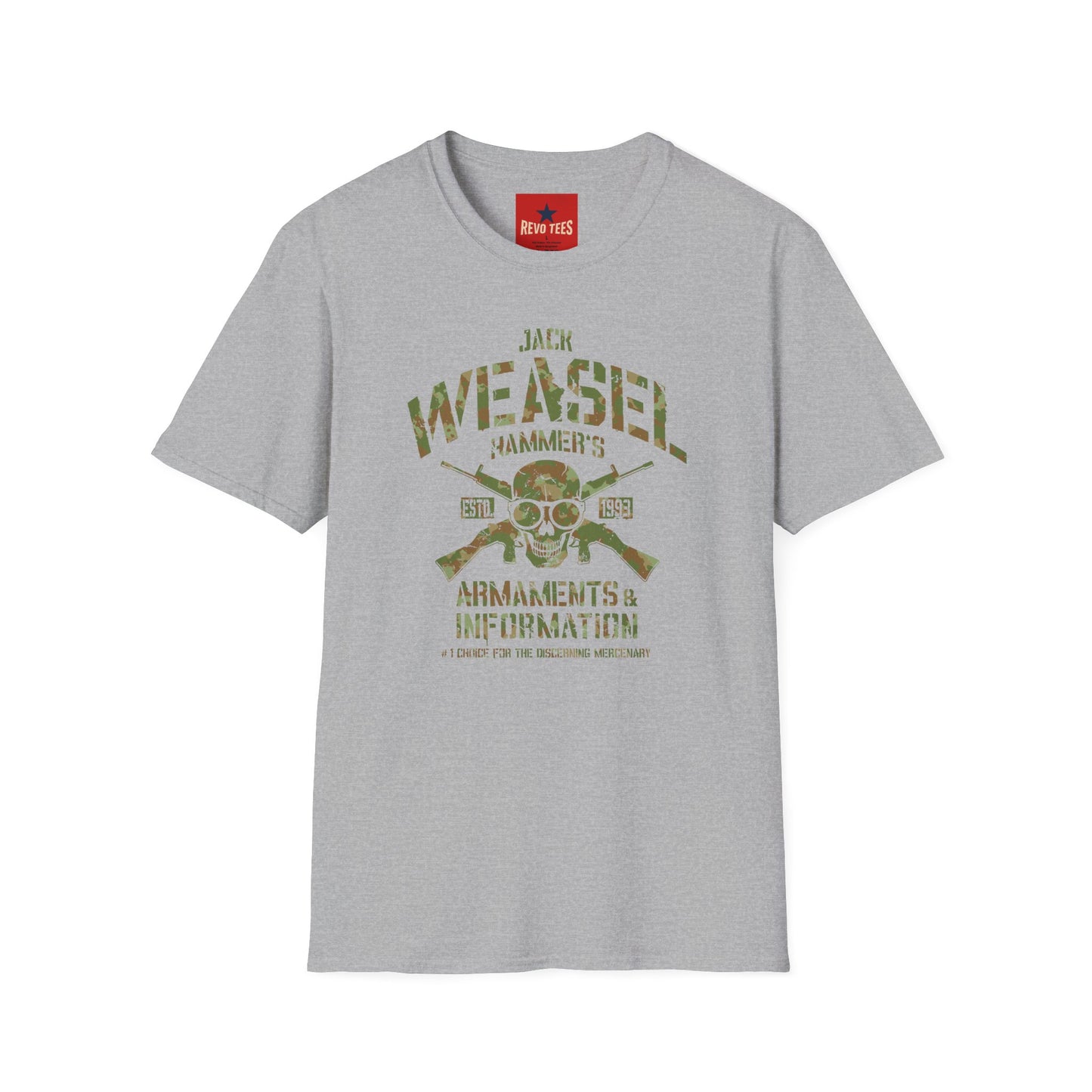 Weasel Hammer Skull Camo T-Shirt — Jack Weasel Armaments & Information Graphic Tee
