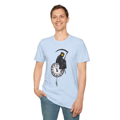 Banksy T‑Shirt — Grim Reaper Clock Graphic Tee (Smiley Mask)