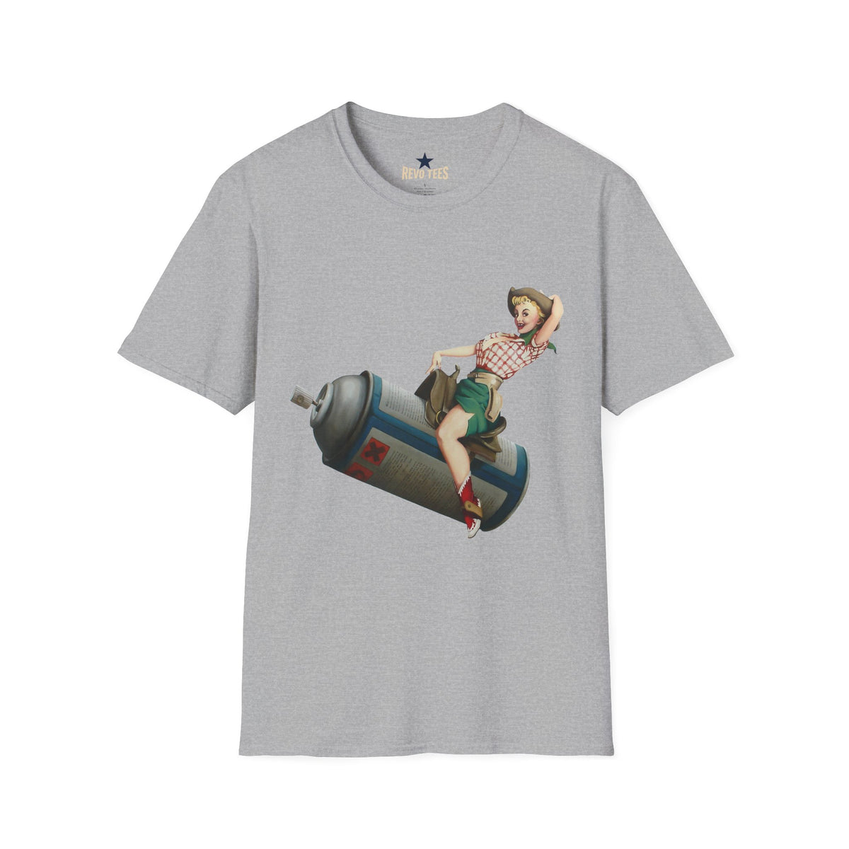 Revotees Banksy Pin Up Cowgirl Retro Pinup Girl Riding Soda Can Vintage T-Shirt - alternate view 3