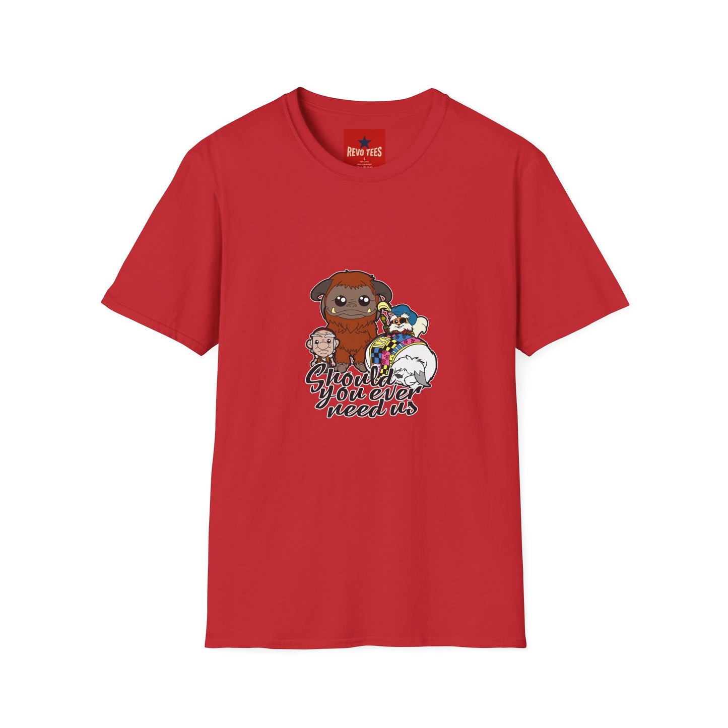 Cute Plush Creature T-Shirt — “Shoulder You Ever Need Us” Cartoon Group Tee