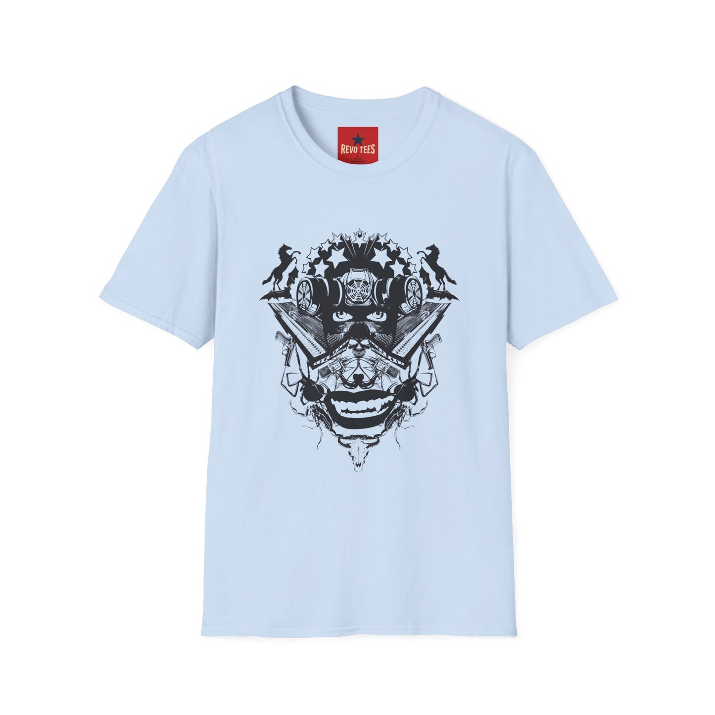 Skull Crown Graphic T-Shirt — Gothic Cat & Mask Illustration