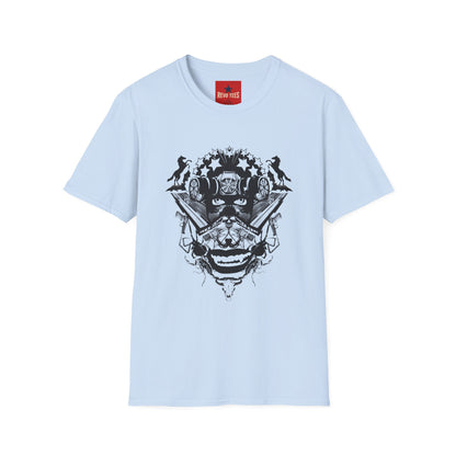 Skull Crown Graphic T-Shirt — Gothic Cat & Mask Illustration
