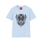 Skull Crown Graphic T-Shirt — Gothic Cat & Mask Illustration