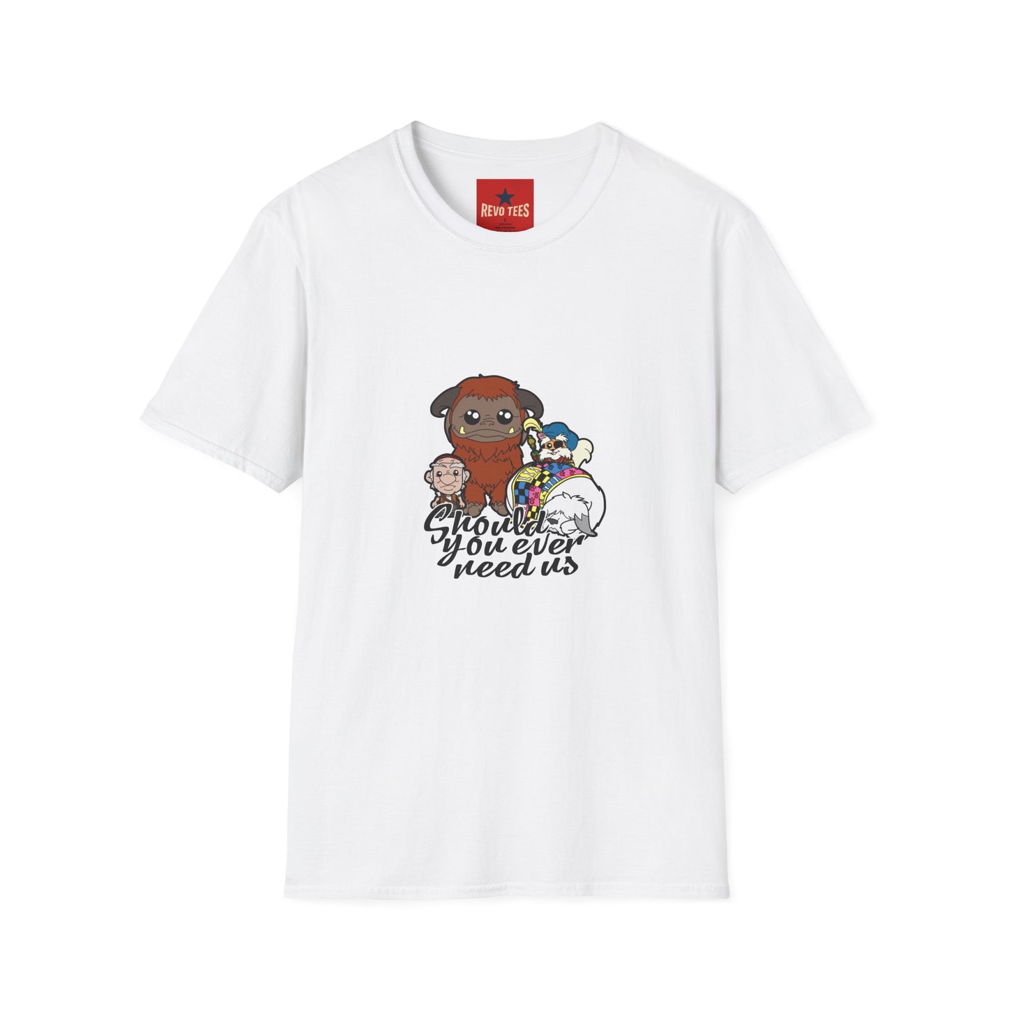 Cute Plush Creature T-Shirt — “Shoulder You Ever Need Us” Cartoon Group Tee