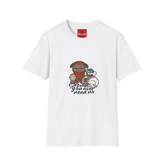 Cute Plush Creature T-Shirt — “Shoulder You Ever Need Us” Cartoon Group Tee
