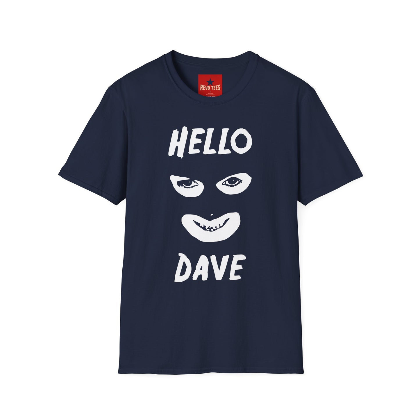 Hello Dave T-Shirt — Black Graphic Tee with Eyes & Smile