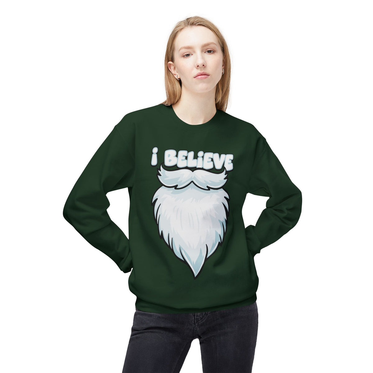 "I Believe" Santa Beard Holiday Crewneck Sweatshirt